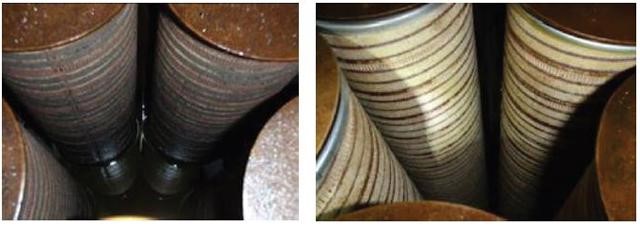Filters shown before and after an oil flushing project has been completed. The After filters on the right are visibly cleaner.